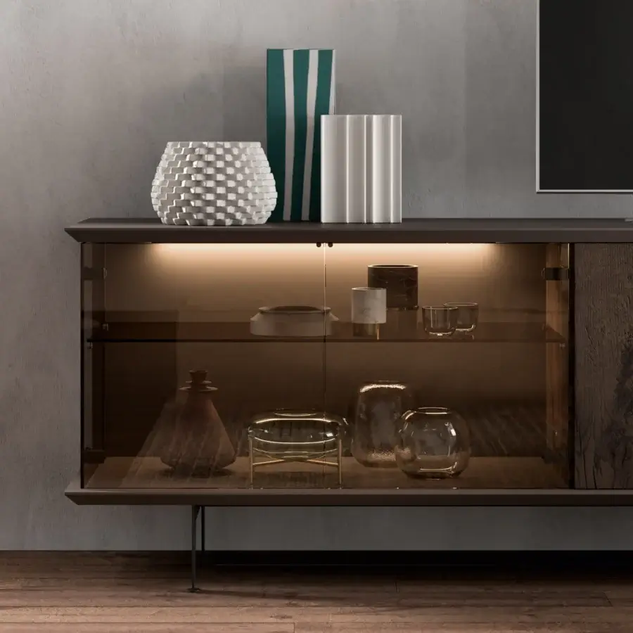 Superior Ozzio Italia Brera sideboard with glass and natural wood, illuminated by integrated LED lighting and painted metal feet