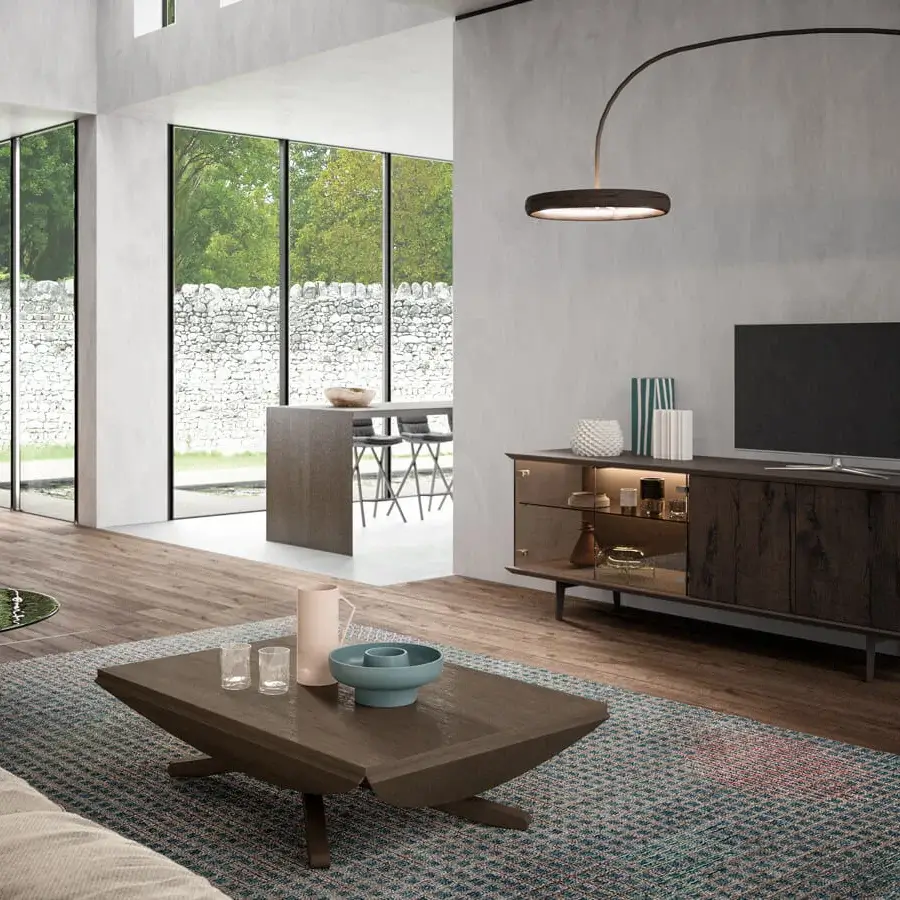 Harmonious Ozzio Italia Brera sideboard with glass-enclosed storage and dark wood-like finish, built with slim metal feet