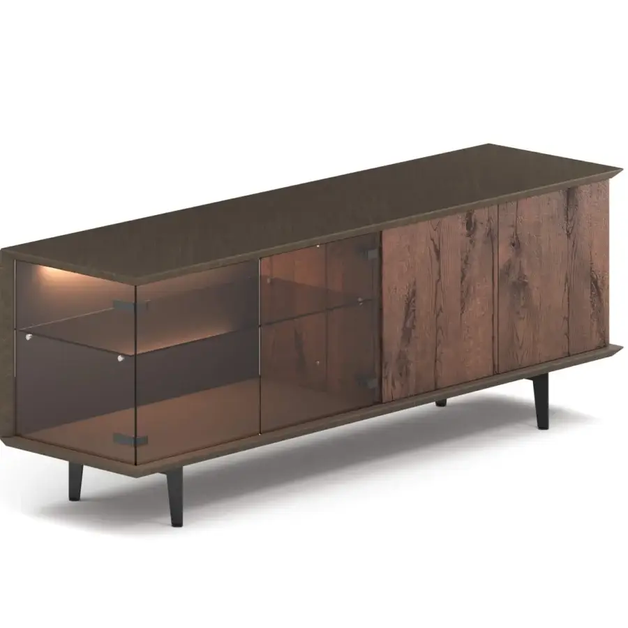 Distinguished Ozzio Italia Brera sideboard with illuminated glass shelves and dark brown lacquered wood, built with painted metal feet