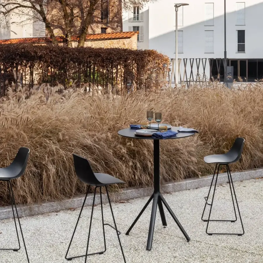 Luxury Lapalma Fork bar table with aluminum drawn tube base and black HPL laminate top in polyester finish