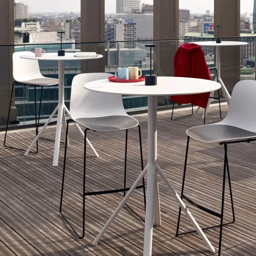 Distinguished Lapalma Fork Outdoor Bar Table with aluminum drawn tube base and HPL laminate top in a clean white finish