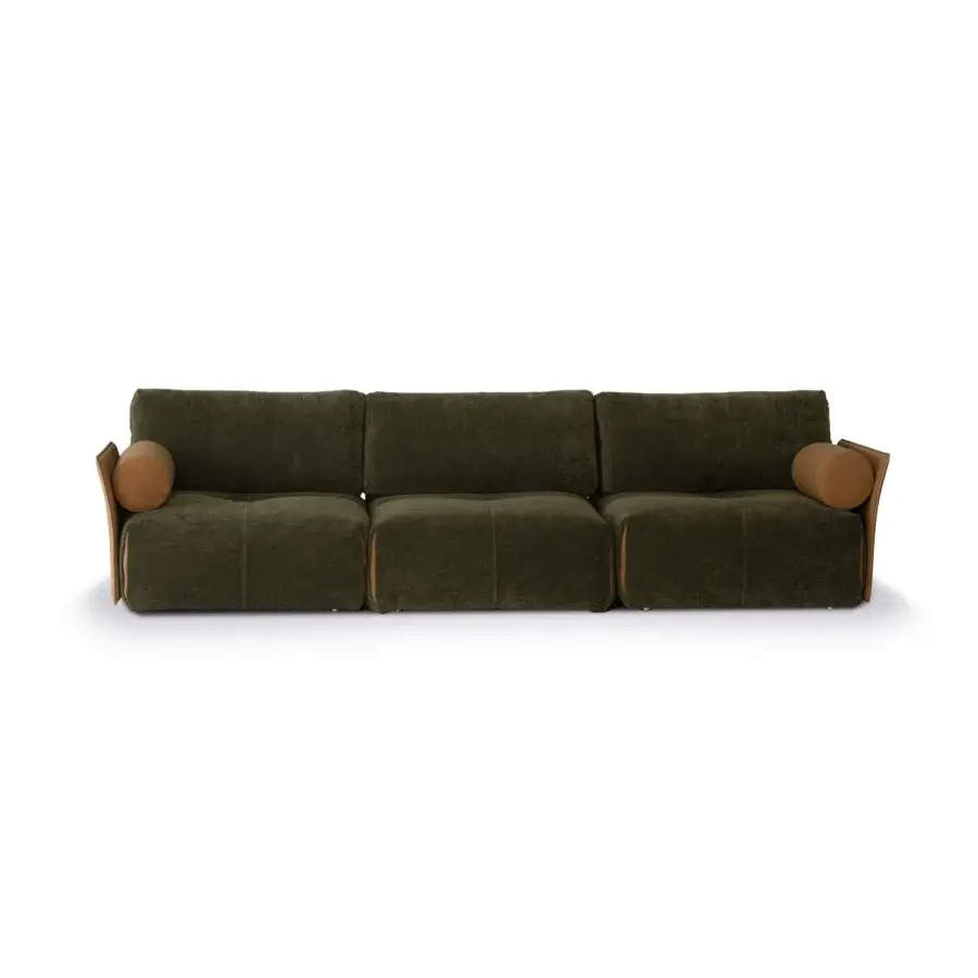 Exceptional Cierre1972 Tab Sofa tailored edge with olive green textile and sleek brown wooden supports