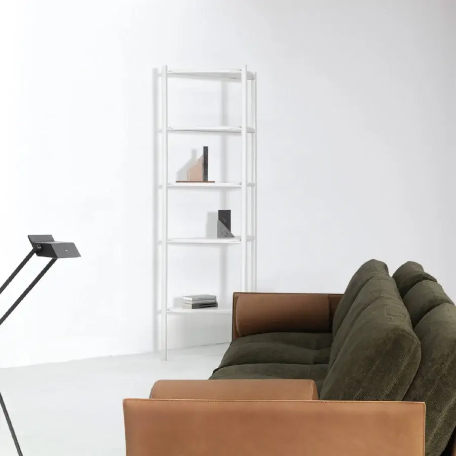 Distinguished Cierre1972 Tab Sofa sofa with muted green textile and tan-brown leather-like material, showcasing a tailored sewing edge