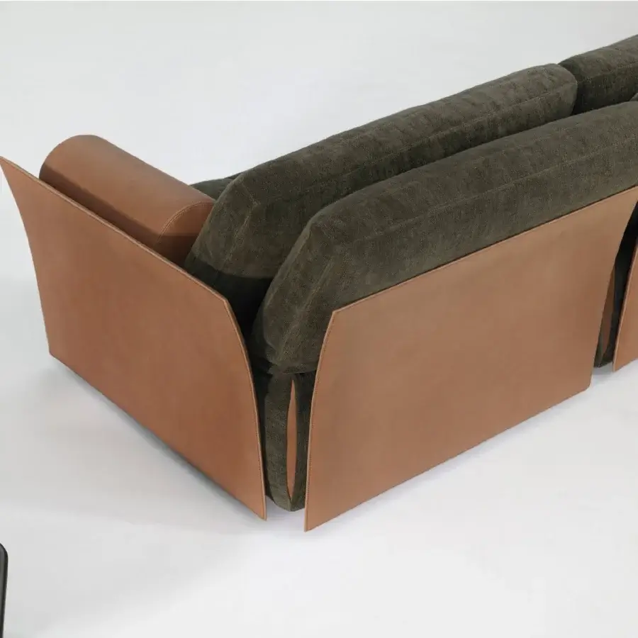Superior Cierre1972 Tab Sofa sofa built with tan leather frames and dark olive green woven textile cushions showcasing tailored sewing