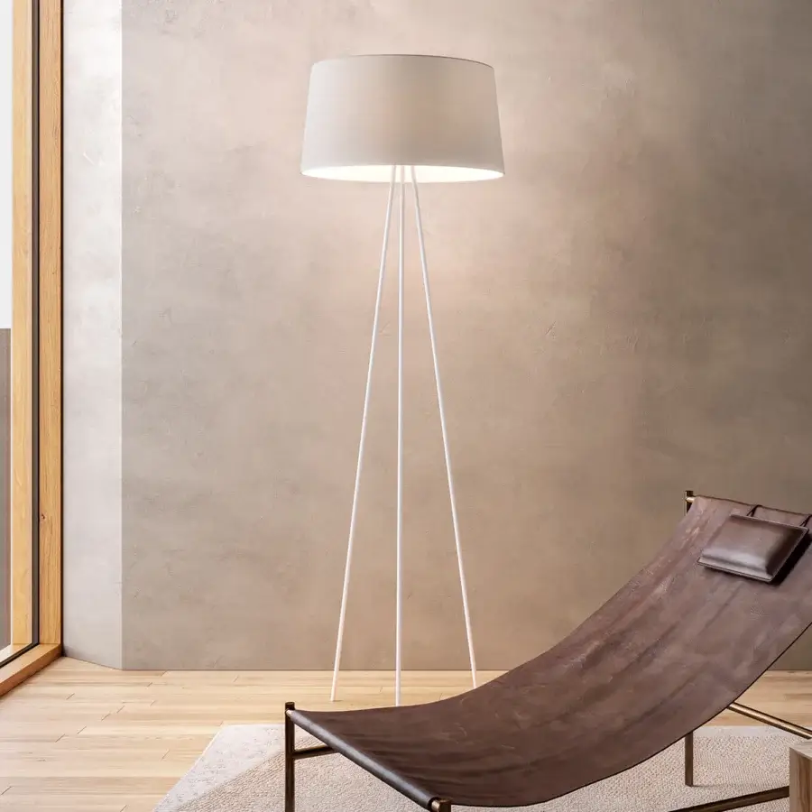 Elegant Kundalini Tripod Floor Lamp with white painted premium metal and fire resistant fabric shade