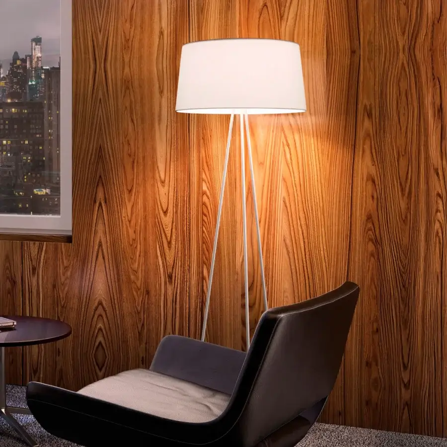 Distinguished Kundalini Tripod floor lamp with white painted premium metal and cylindrical fire-resistant white fabric lampshade