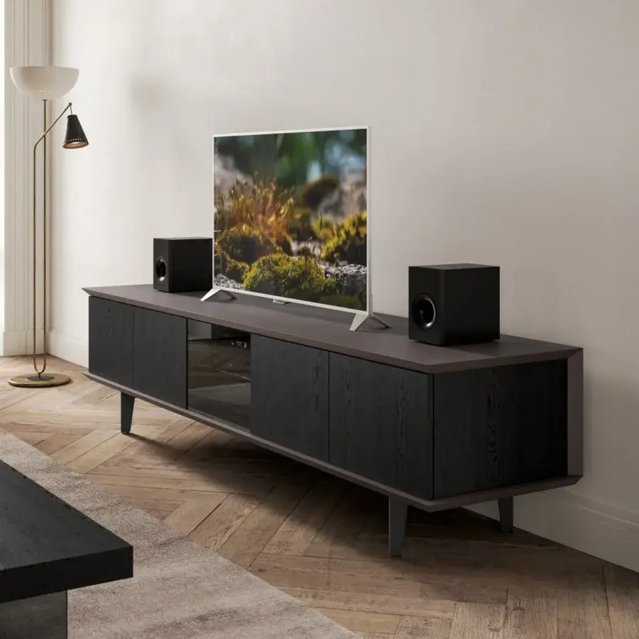 Superior Ozzio Italia Brera TV stand with lacquered container and natural wood in dark stain finish