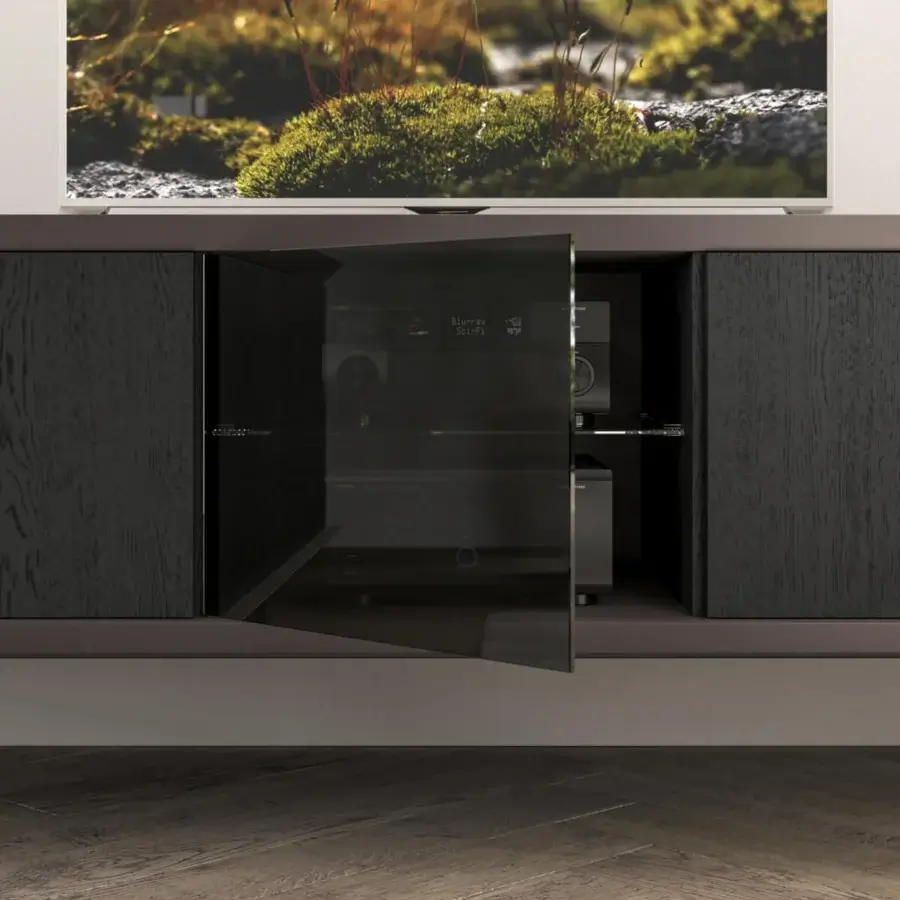 Distinguished Ozzio Italia Brera TV stand with dark-stained natural wood and lighter top crafted with visible glass shelving
