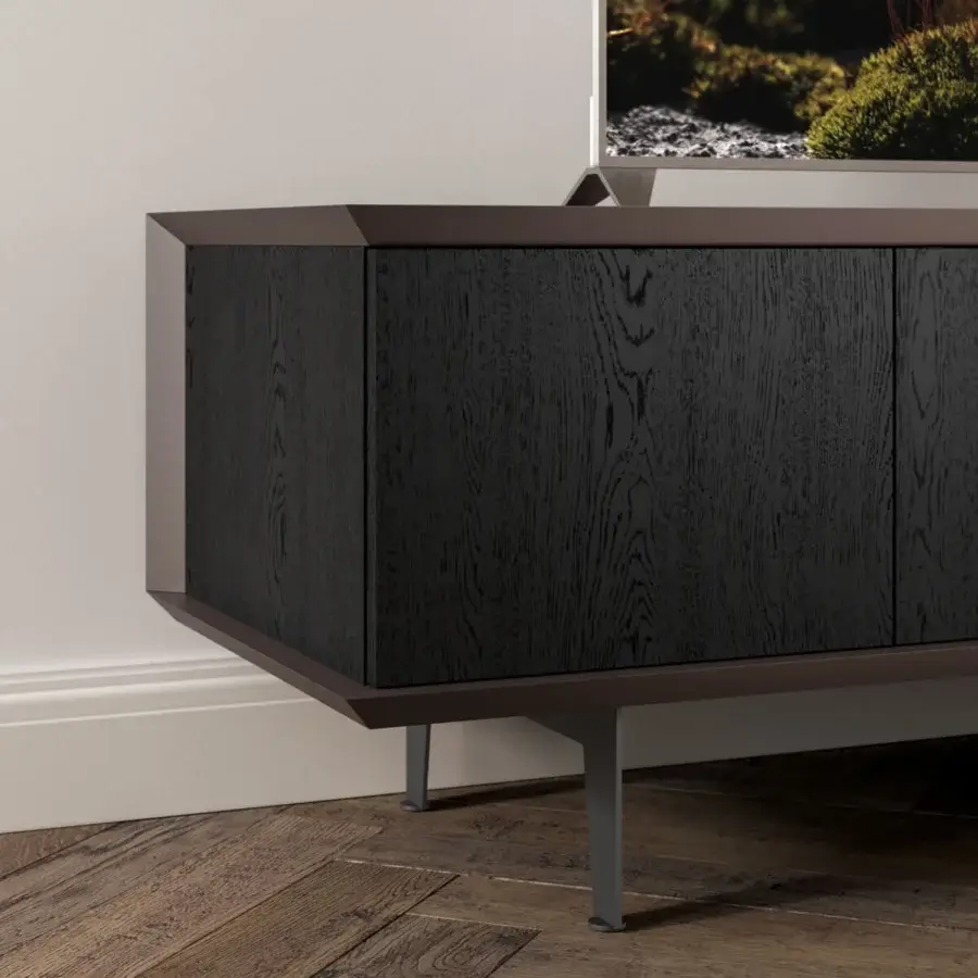 Elegant Ozzio Italia Brera TV stand with lacquered wood encased in matte brown metal and cylindrical gray legs