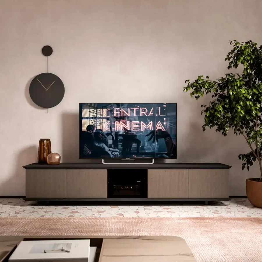 Distinguished Ozzio Italia Brera TV stand with lacquered container and natural wood sides in dark gray accents