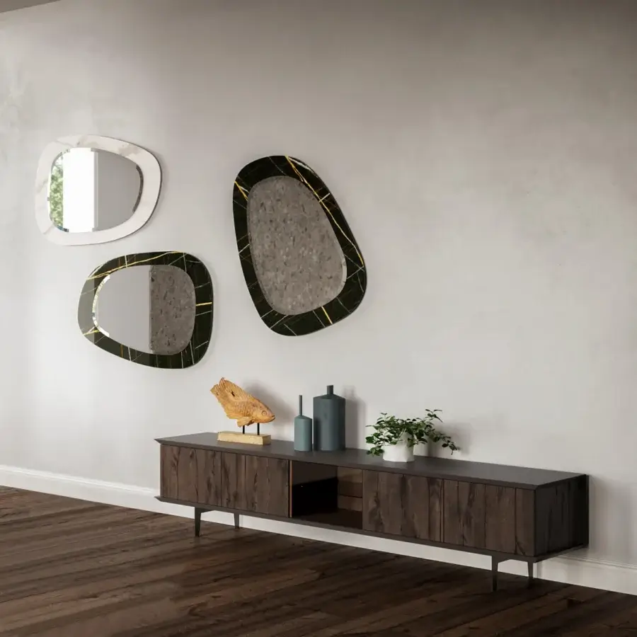 Superior Ozzio Italia Brera TV stand with dark wood-grain lacquered finish and charcoal top built with slender metal legs