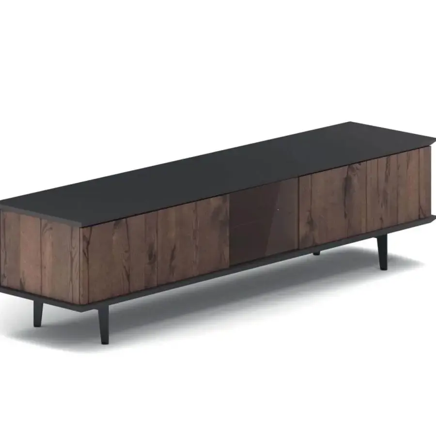Captivating Ozzio Italia Brera TV stand with dark lacquered container and medium-brown wood-grain doors crafted in Italy