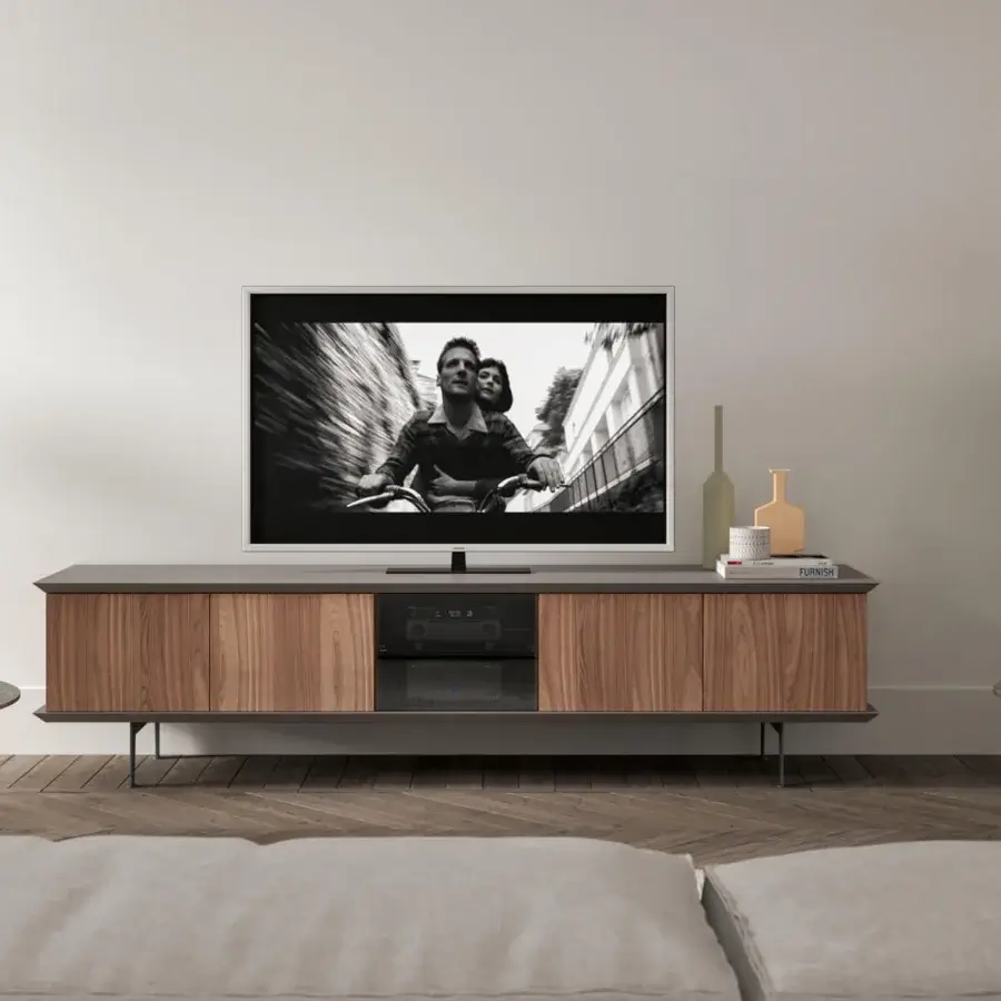 Distinguished Ozzio Italia Brera TV stand crafted with lacquered wood doors and dark grey top, featuring internal glass shelves and painted metal feet