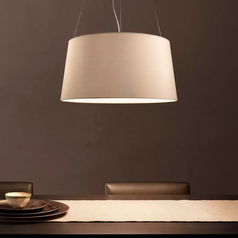 Superior Kundalini Tripod suspension lamp in light beige fire-resistant fabric with white painted premium metal
