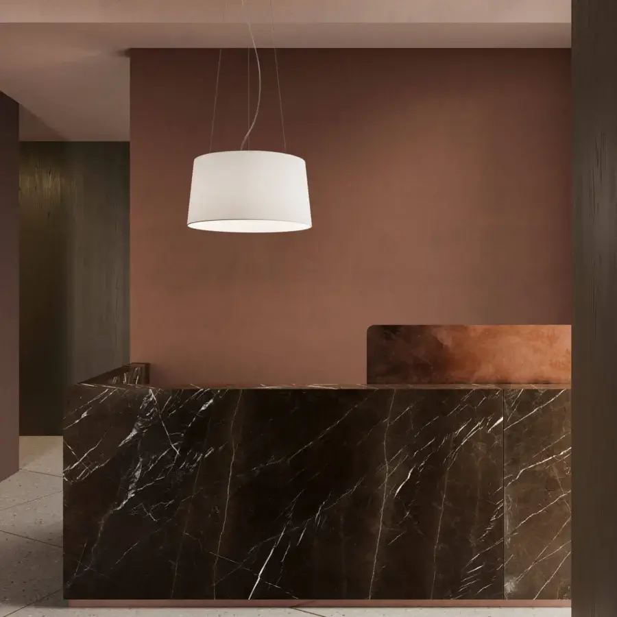 Exceptional Kundalini Tripod suspension lamp in fire-resistant white fabric with a painted premium metal structure