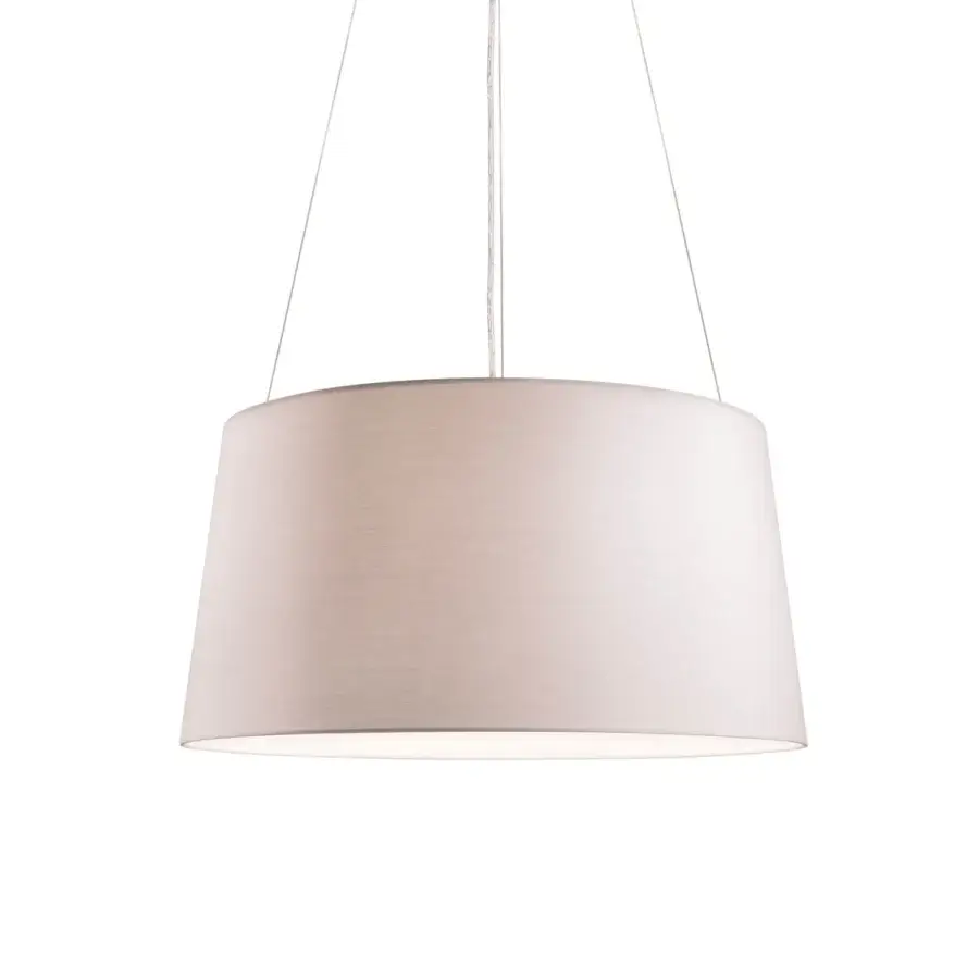 Distinguished Kundalini Tripod suspension lamp in fire-resistant fabric with a white painted perforated metal disc creating warm light