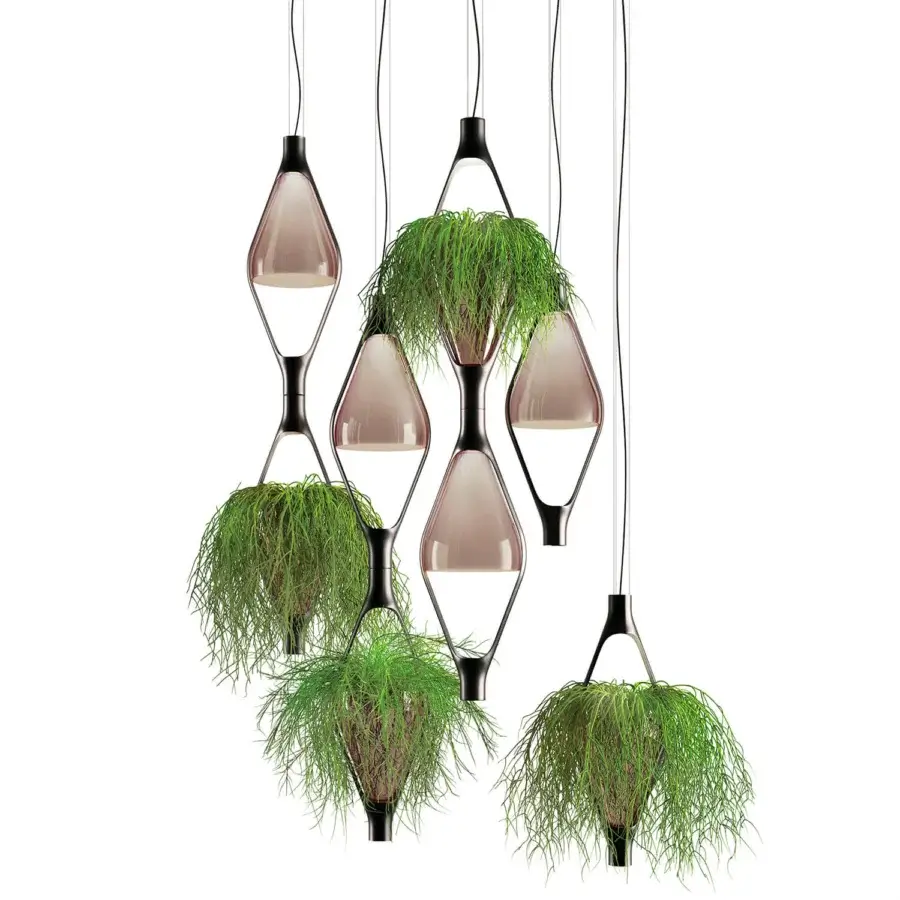 Exceptional Kundalini Viceversa suspension lamp with translucent mauve mouth-blown glass and matte dark metal framework