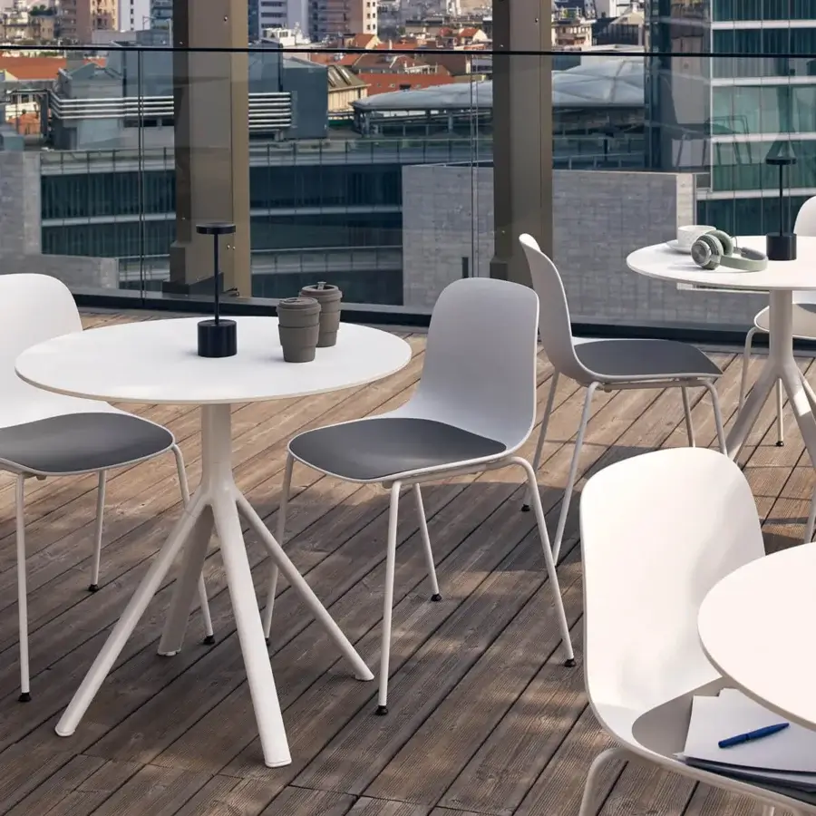 Sophisticated Lapalma Fork Outdoor Bistrot table with slender aluminum base and HPL laminate top in a uniform white polyester finish