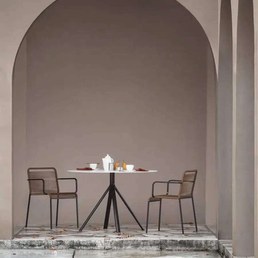 Distinguished Lapalma Fork Outdoor Bistrot table with powder-coated aluminum base and smooth white HPL laminate top