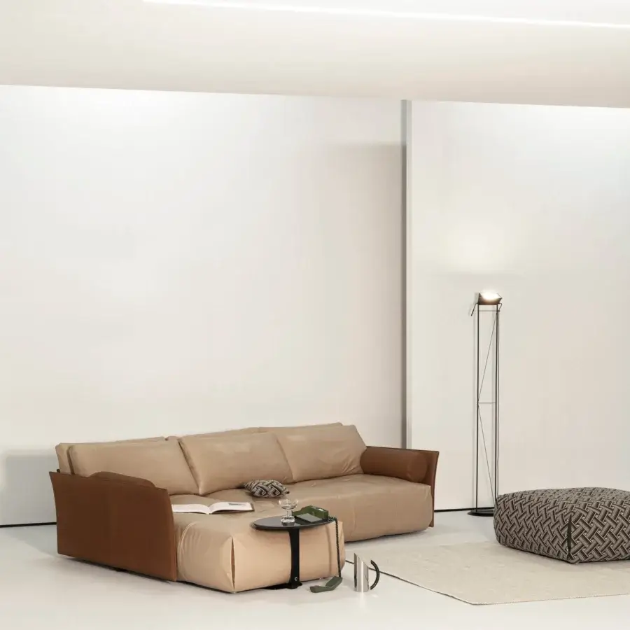 Exceptional Cierre1972 Tab sectional crafted in Italy with tan material and contrasting dark brown accents