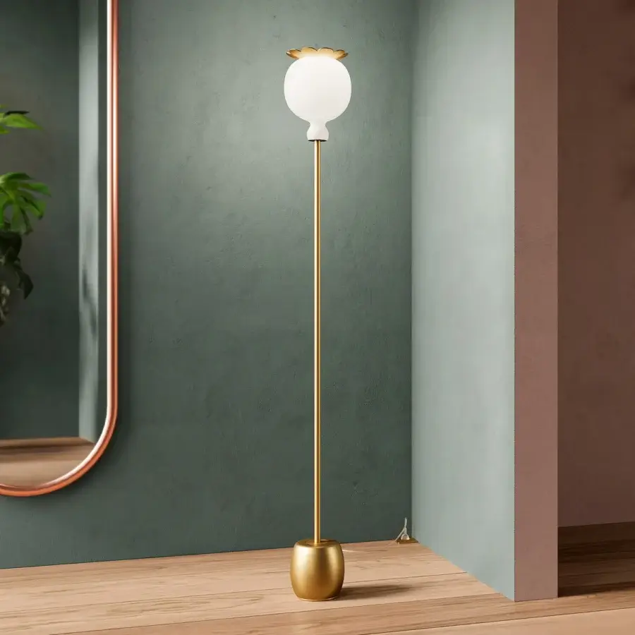 Lavish Kundalini Opyo floor lamp with an opal diffuser and golden stylized floral detail in glossy metallic coating