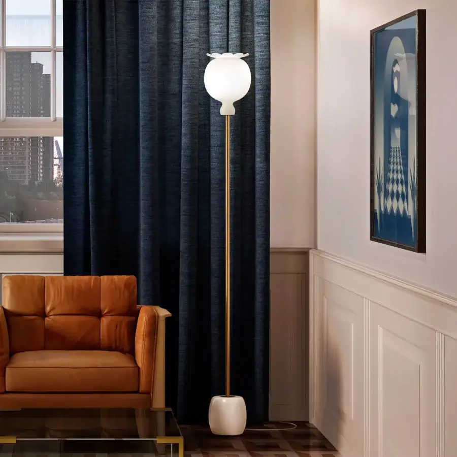 Harmonious Kundalini Opyo floor lamp with a dual-layer opal diffuser and glossy gold metallic structure