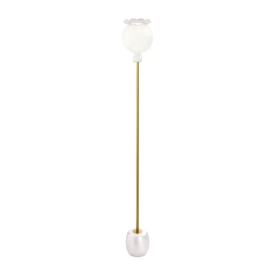 Distinguished Kundalini Opyo floor lamp with a poppy seed pod-inspired opal glass diffuser and golden metallic coated structure