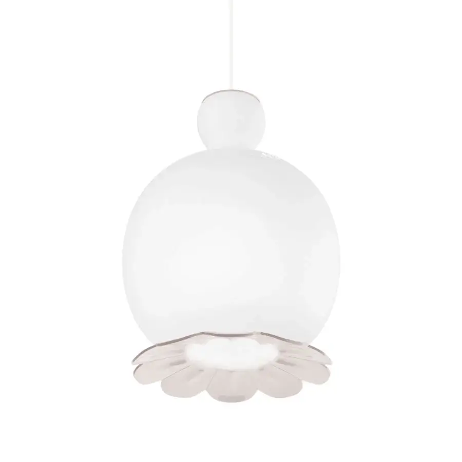 Exquisite Kundalini Opyo suspension lamp with a rounded white form and dual-layer mouth-blown glass diffuser crafted with a delicate embellishment