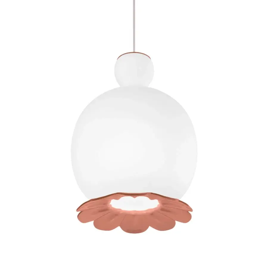 Harmonious Kundalini Opyo suspension lamp with a spherical white opal diffuser and reddish-brown metallic accents crafted in Italy