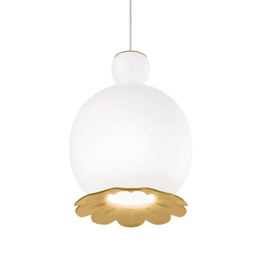 Distinguished Kundalini Opyo suspension lamp with a spherical opal diffuser and gilded metallic flower detail crafted in Italy