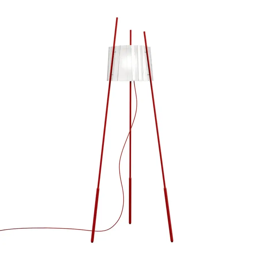 Superior Kundalini Tyla floor lamp with a vertically pleated white lampshade and red finished metallic structure crafted in sandblasted mouth-blown glass