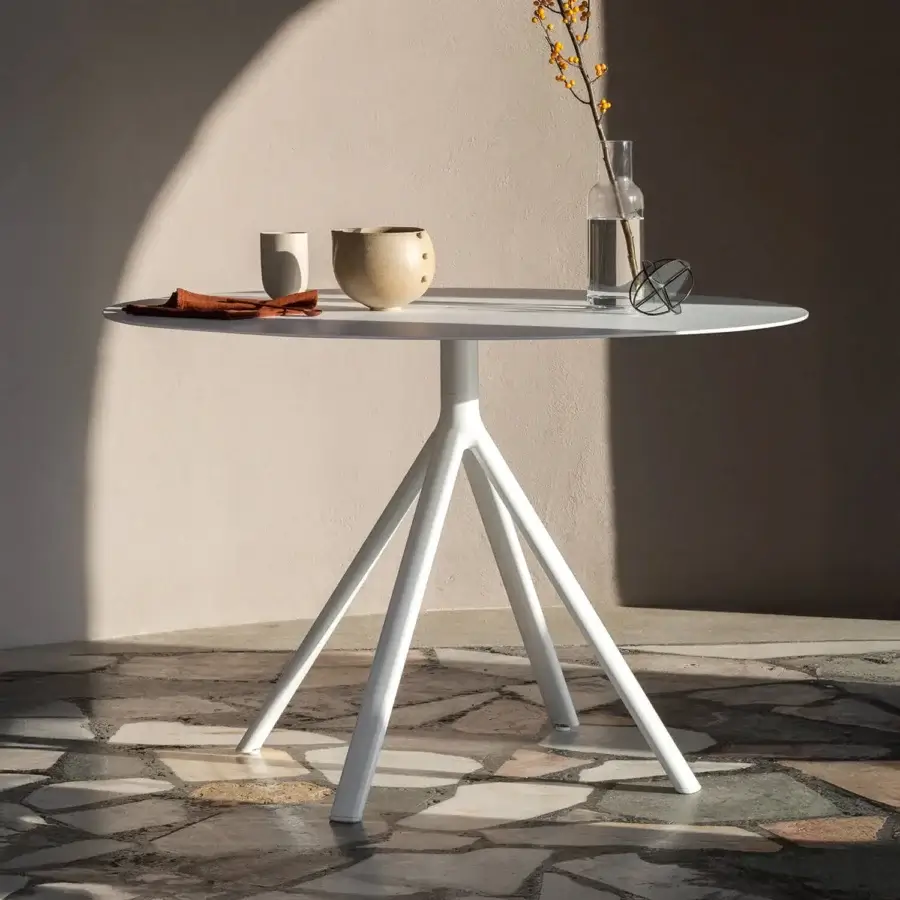Distinctive Lapalma Fork Outdoor round table crafted with aluminum and HPL laminate in a smooth matte white finish