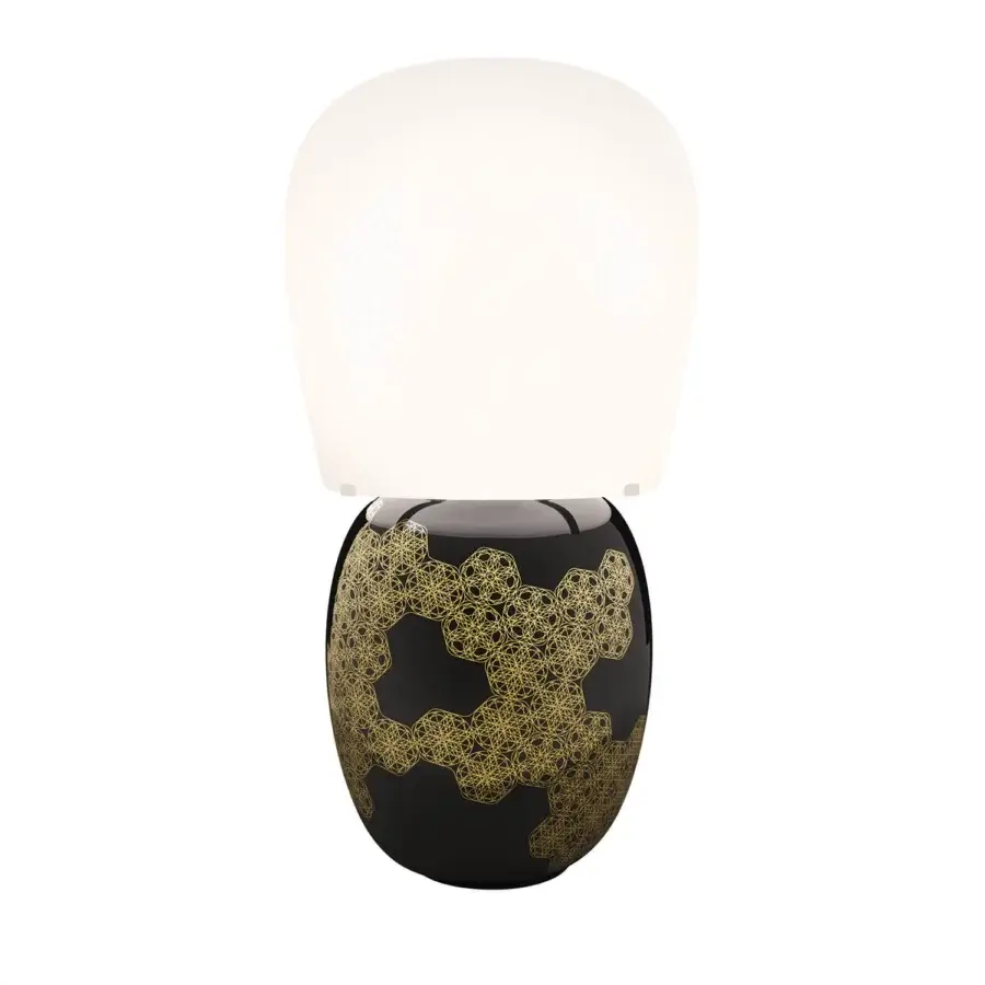 Exceptional Kundalini Hive table lamp in black enamel ceramic with lustrous gold geometric patterns and opal glass diffuser