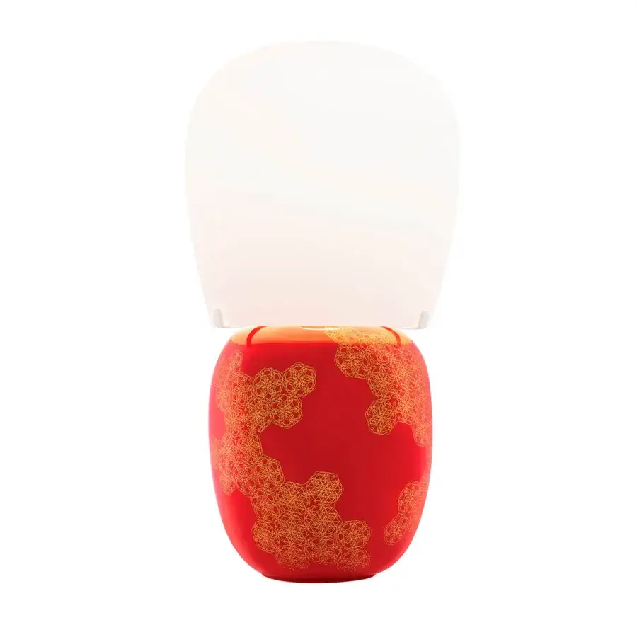 Superior Kundalini Hive table lamp in red enamel ceramic with gilded geometric floral patterns and opal blown glass diffuser