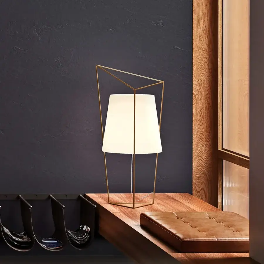 Distinguished Kundalini Tatu table lamp with slimline triangular shapes in coated metal and mouth-blown opal glass lampshade