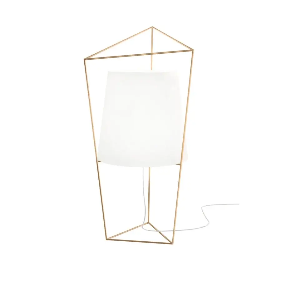 Exceptional Kundalini Tatu table lamp with satin brass framing and dual-layer mouth blown opal glass diffuser