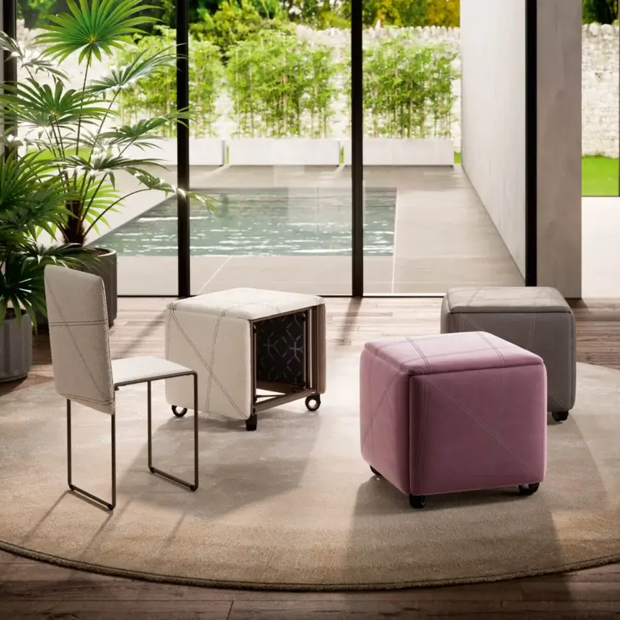 Innovative Ozzio Italia Cubix ottoman crafted in light mauve textile with matte finish and castors, concealing four padded internal seats