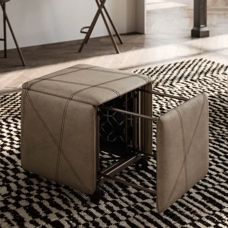 Distinguished Ozzio Italia Cubix ottoman crafted in taupe matte synthetic leather with elegant double stitching and castors
