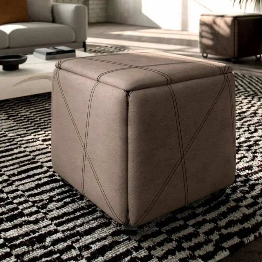 Exceptional Ozzio Italia Cubix ottoman in light brown textile with distinctive diamond-patterned stitching and internal padded seats