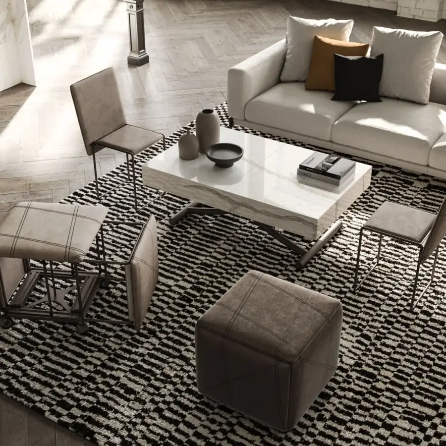Elegant Ozzio Italia Cubix convertible ottoman upholstered in medium brown textile with double stitching and castors