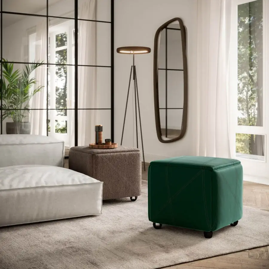 Exceptional Ozzio Italia Cubix convertible ottoman in dark green textile with lighter green double stitching