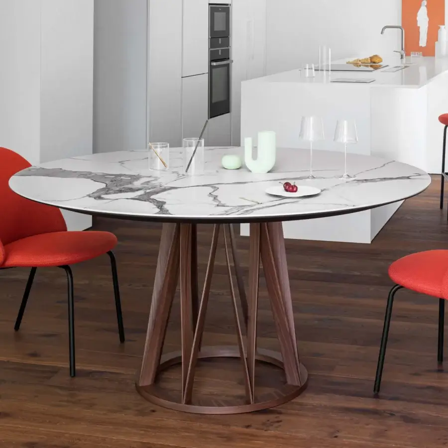 Elegant Miniforms Acco table with white and gray marbled tabletop and skillfully crafted brown wood base