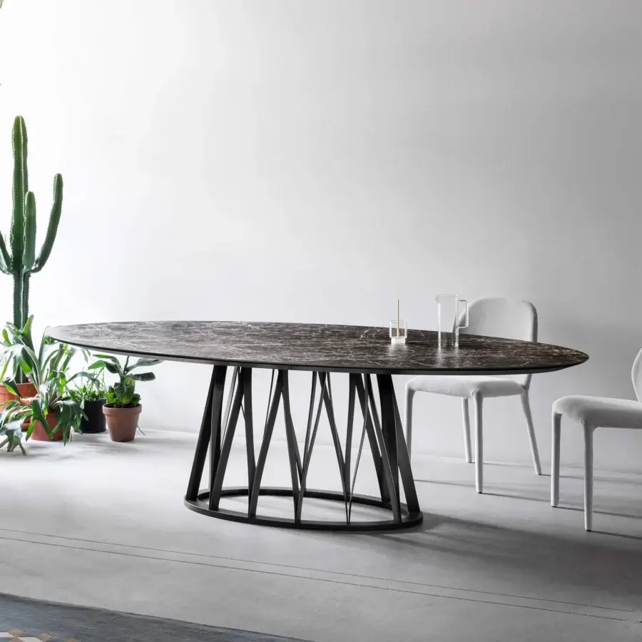 Distinguished Miniforms Acco table crafted in Italy with dark marbled tabletop and intersecting dark metal lines