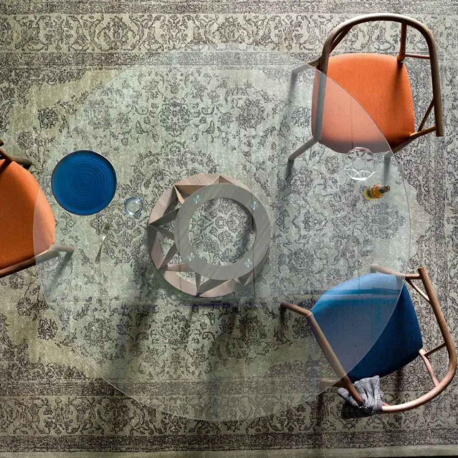 Distinguished Miniforms Acco table with a natural wood finish and transparent glass top displays geometric wooden lines