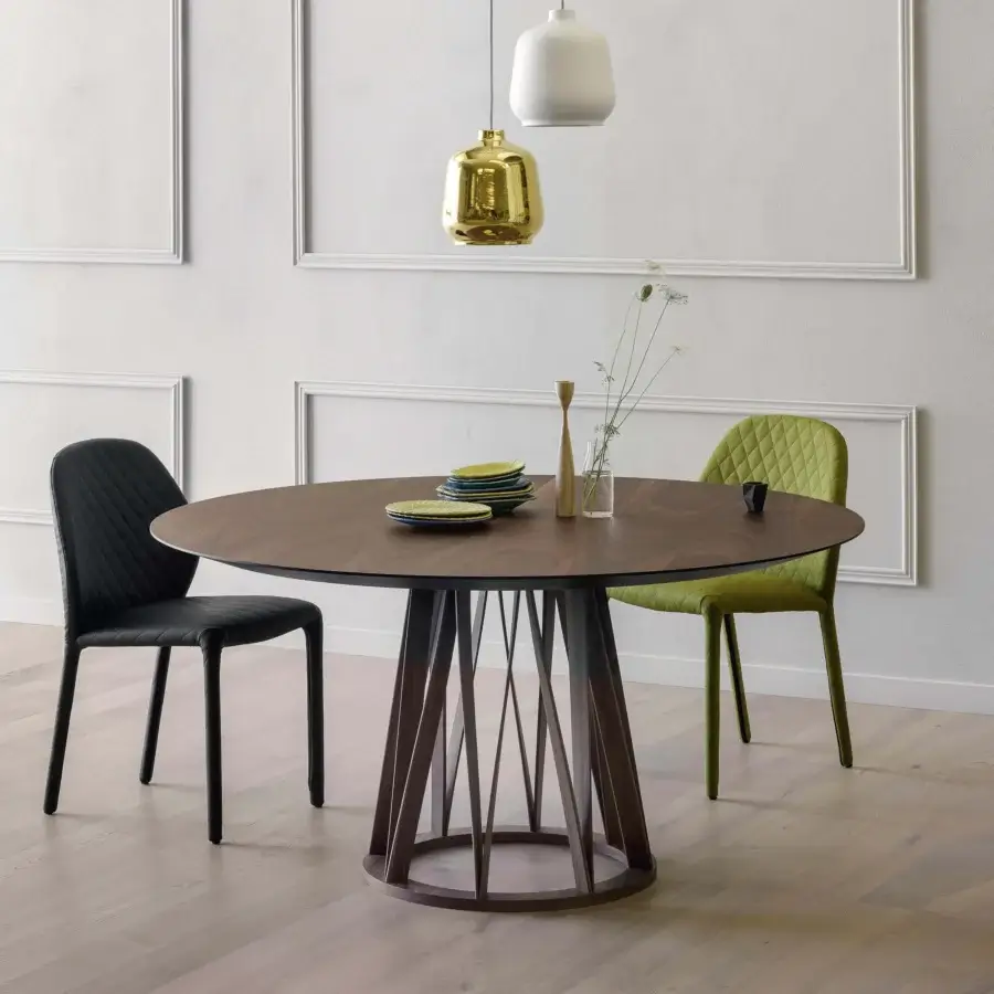 Elegant Miniforms Acco table with dark brown wood top and geometric cage-like base crafted in Italy