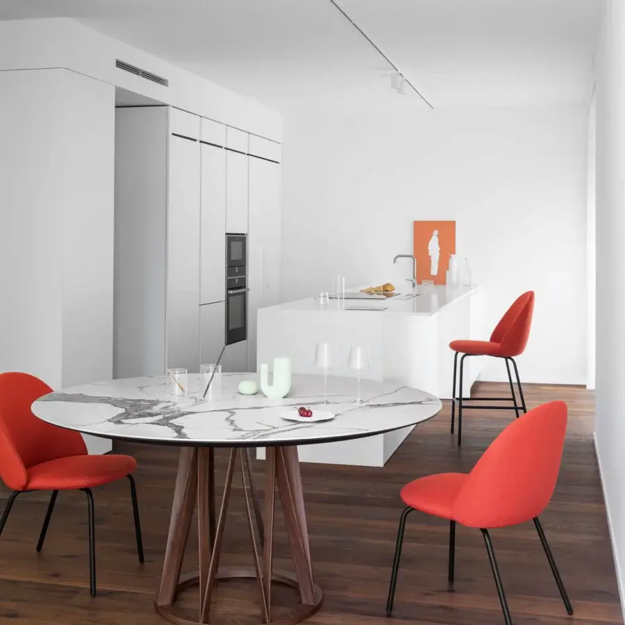 Exceptional Miniforms Acco table displaying a white and grey marbled top with a natural brown wood base crafted in Italy
