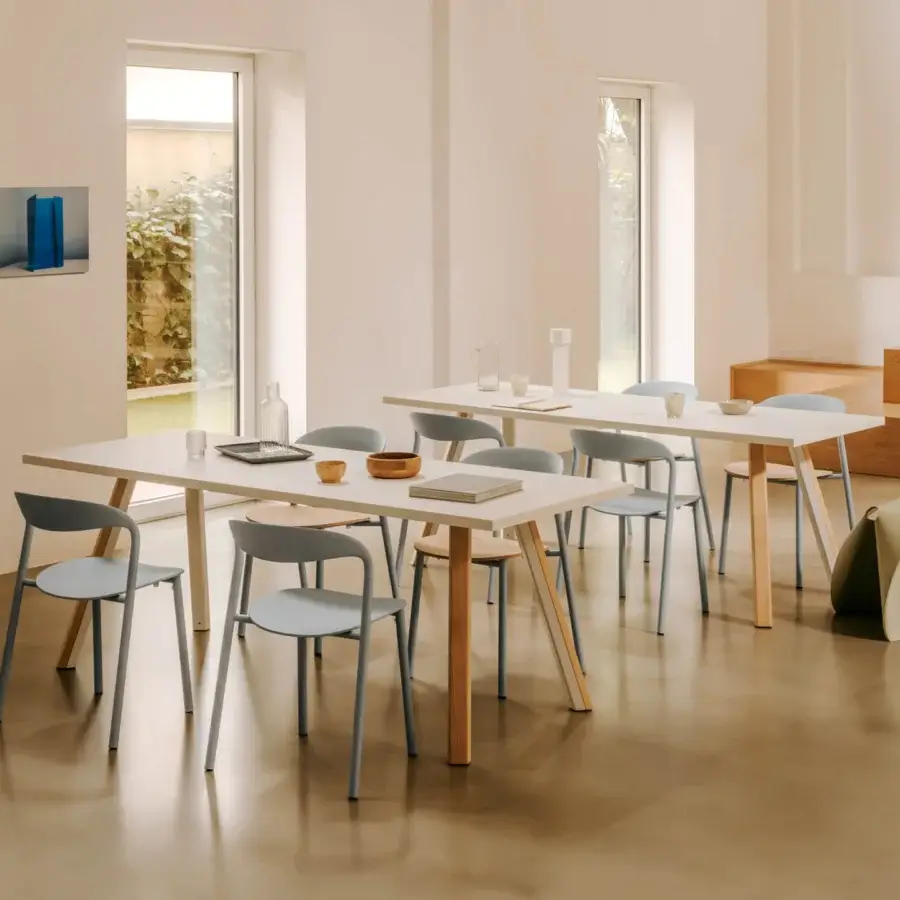 Elegant Lapalma Ori table with a rectangular HPL Fenix® top and slanted legs built in powder-coated metal and solid ash wood