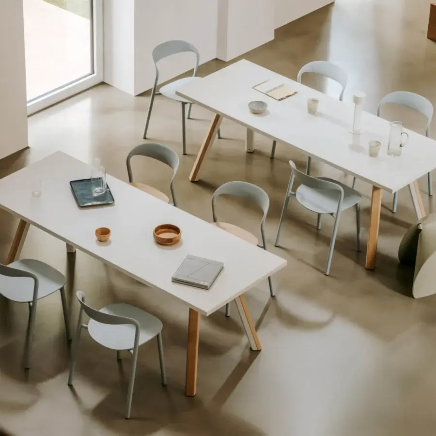 Exceptional Lapalma Ori table with a bright white Fenix® top and light-toned solid ash wood legs crafted with a matte finish