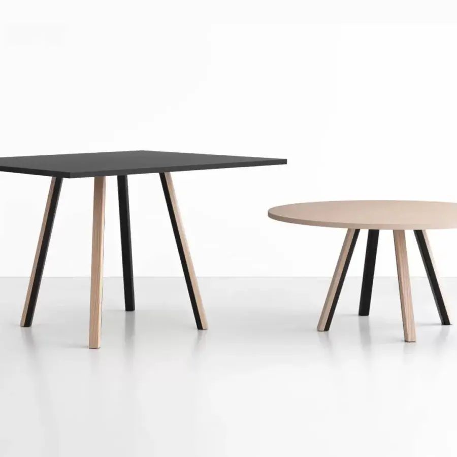Exceptional Lapalma Ori table with a light-toned HPL Fenix® top and slanted legs crafted in powder-coated metal and solid ash wood