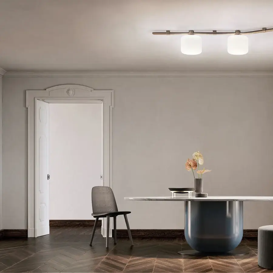 Exclusive Kundalini Floed ceiling lamp with rounded white opal glass diffusers and metallic coated structure